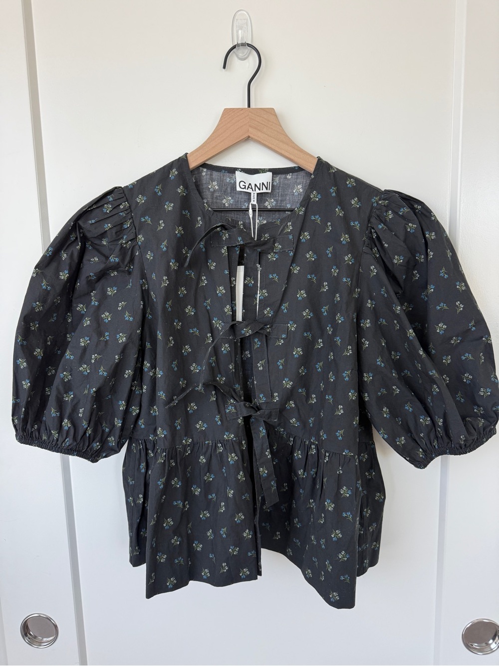 GANNI Printed Cotton Poplin Peplum Blouse